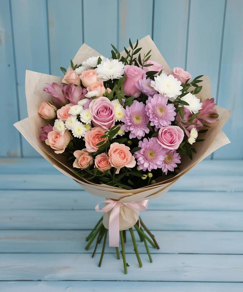 Букет цветов из: Хризантемы, Розы и Альстромерии в Выездное