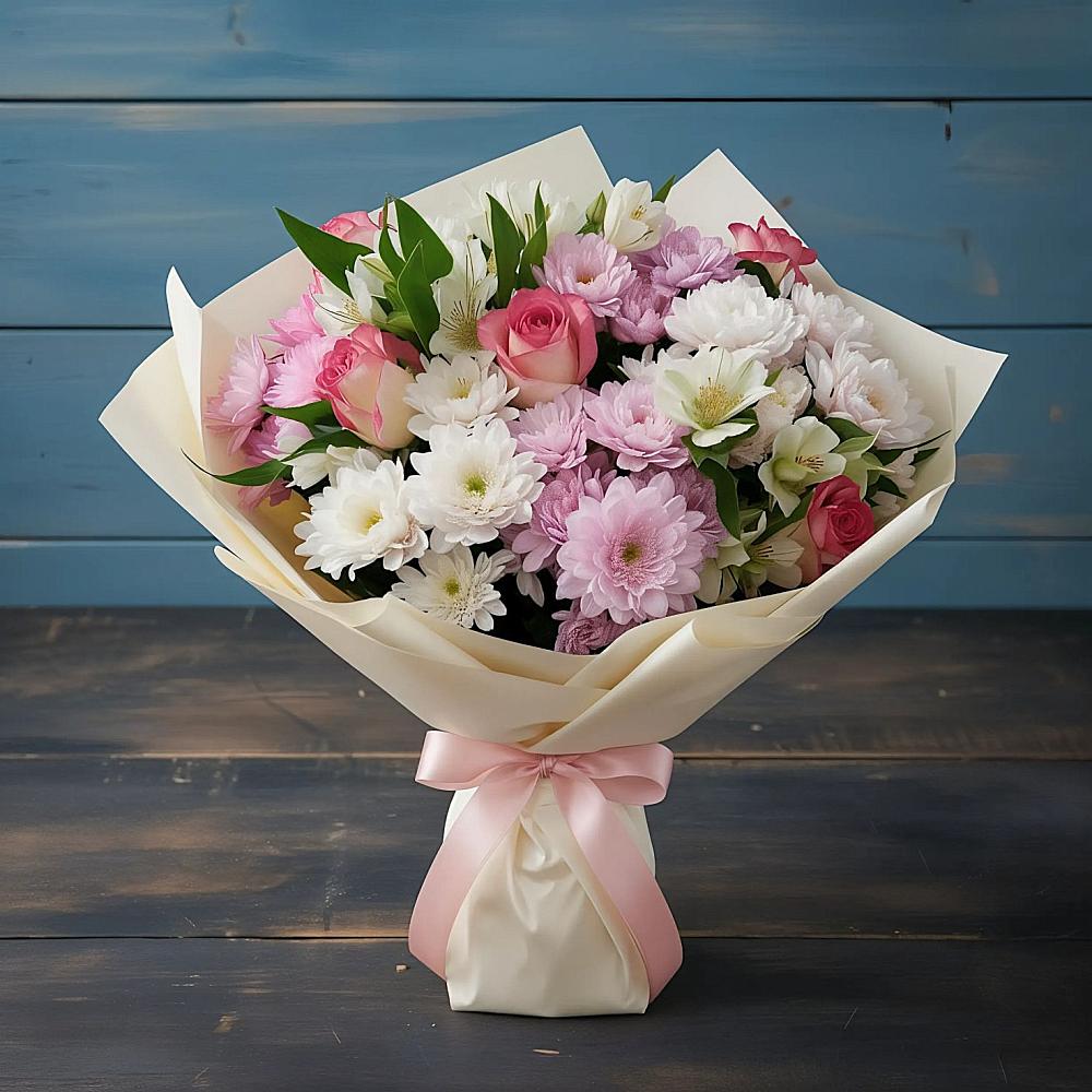 Букет цветов из: Хризантемы, Альстромерии и Розы в Выездное